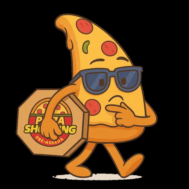 Ilustração de uma pizza de óculos escuros fazendo sinal de positivo